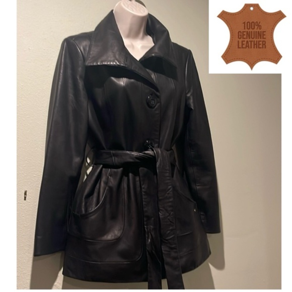 Ellen Tracey black leather car coat, PM